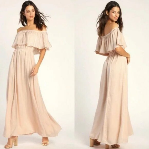 Lulus NWT Cream Romantic Thinking Light Peach Satin Off-the-Shoulder Maxi Dress - Picture 1 of 10